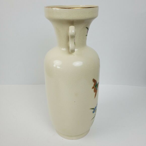 Vintage Japan Porcelain Iris Hummingbird Vase ART w/ Handles Gold Trim 12 Inch - Picture 4 of 8